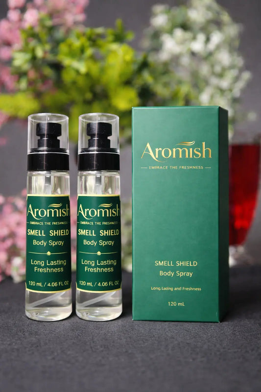 “Aromish Smell Shield body spray pack of two with long lasting fragrance bottles and box”